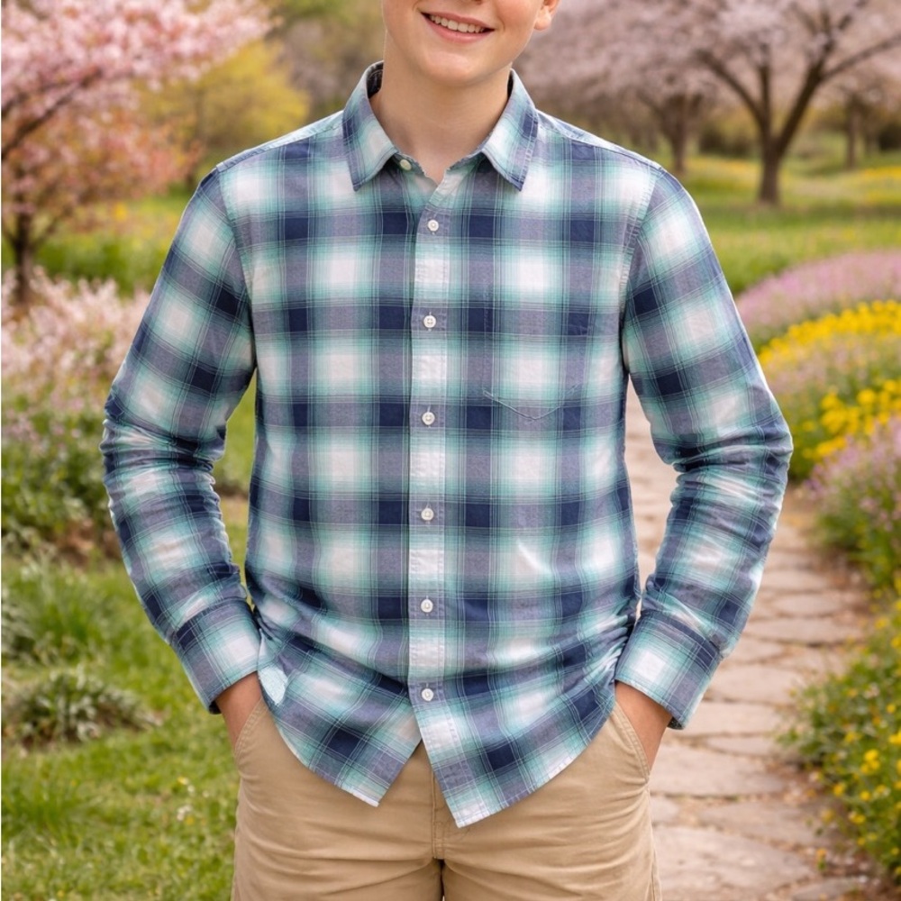 Place Green and Blue Plaid Button-Down Shirt